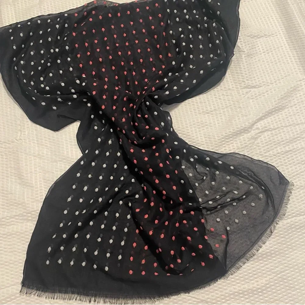 Polka dot scarf tablets Swiss dot pink white navy blue fringe
